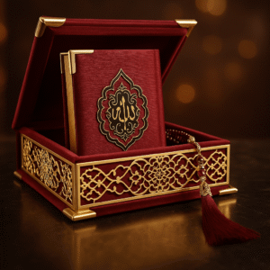 Velvet Covered Quran Tasbeeh Set with Wooden Box